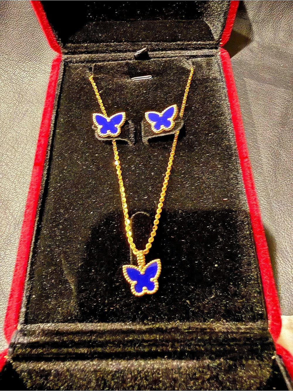 Butterfly Necklace & Earrings Set in Blue & 18k Gold